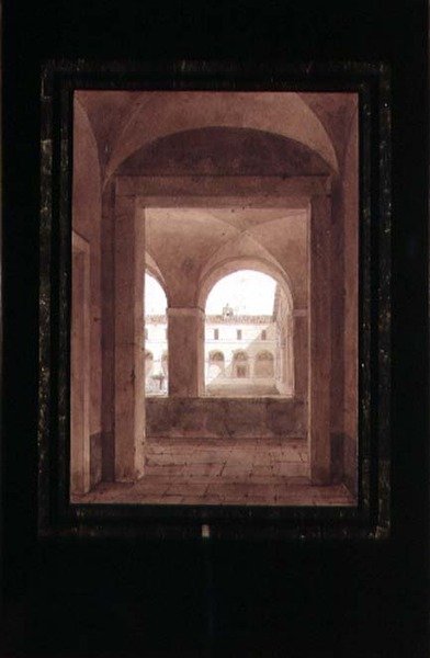 Vista de um claustro com uma fonte (aguarela sépia sobre papel) de Paul Emile Detouche
