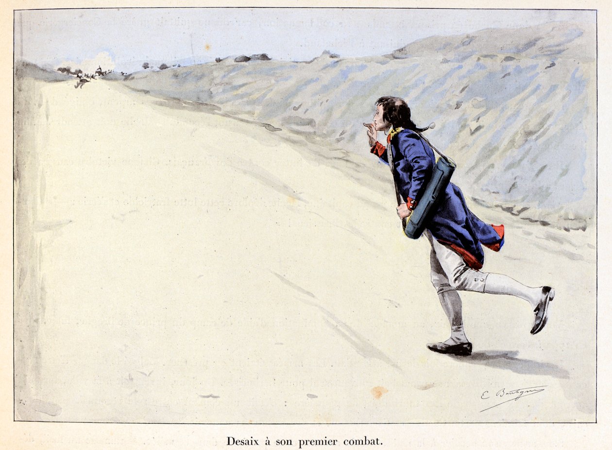Desaix tem o seu primeiro combate: Charles Antoine Desaix de Veygoux (1768-1800) captura um prisioneiro em Landau in der Pfalz (Alemanha) enquanto o exército recua - ilustração de Emile Boutigny (1853-1929) Em "Hoche-Marceau-Desaix" de Theodore Cahu (1854- de Paul Émile Boutigny