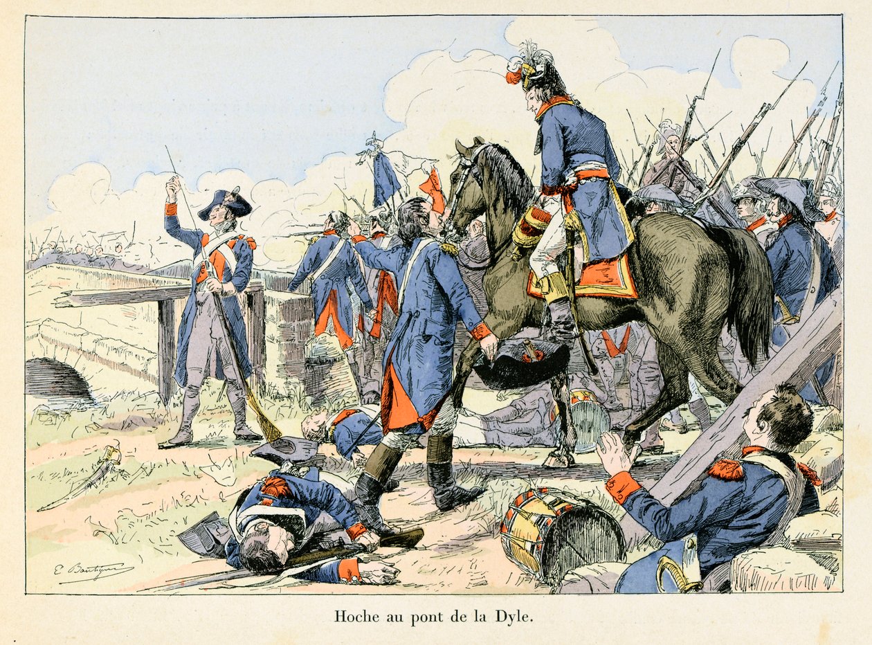 Hoche au pont de la Dyle: Em março de 1793, cobrindo o retiro na passagem do Dyle em frente a Leuven (Bélgica), Lazare Hoche (1768-1797) lutou contra os austríacos - ilustração de Emile Boutigny (1853-1929) Em "Hoche-Marceau-Desaix" de Theodore de Paul Émile Boutigny