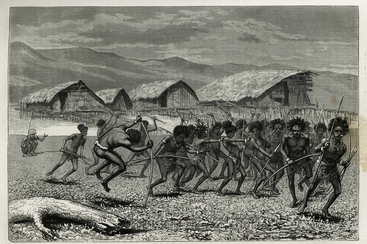 Descida dos guerreiros Papus Arfaks em Dorey (Nova Guiné Ocidental), gravada por E.Mesples, para ilustrar a viagem à Nova Guiné por Achille Raffray, encarregado de uma missão científica pelo Ministério da Educação Pública, em 1876-1877, publicada no tour d de Paul Eugene (after) Mesples