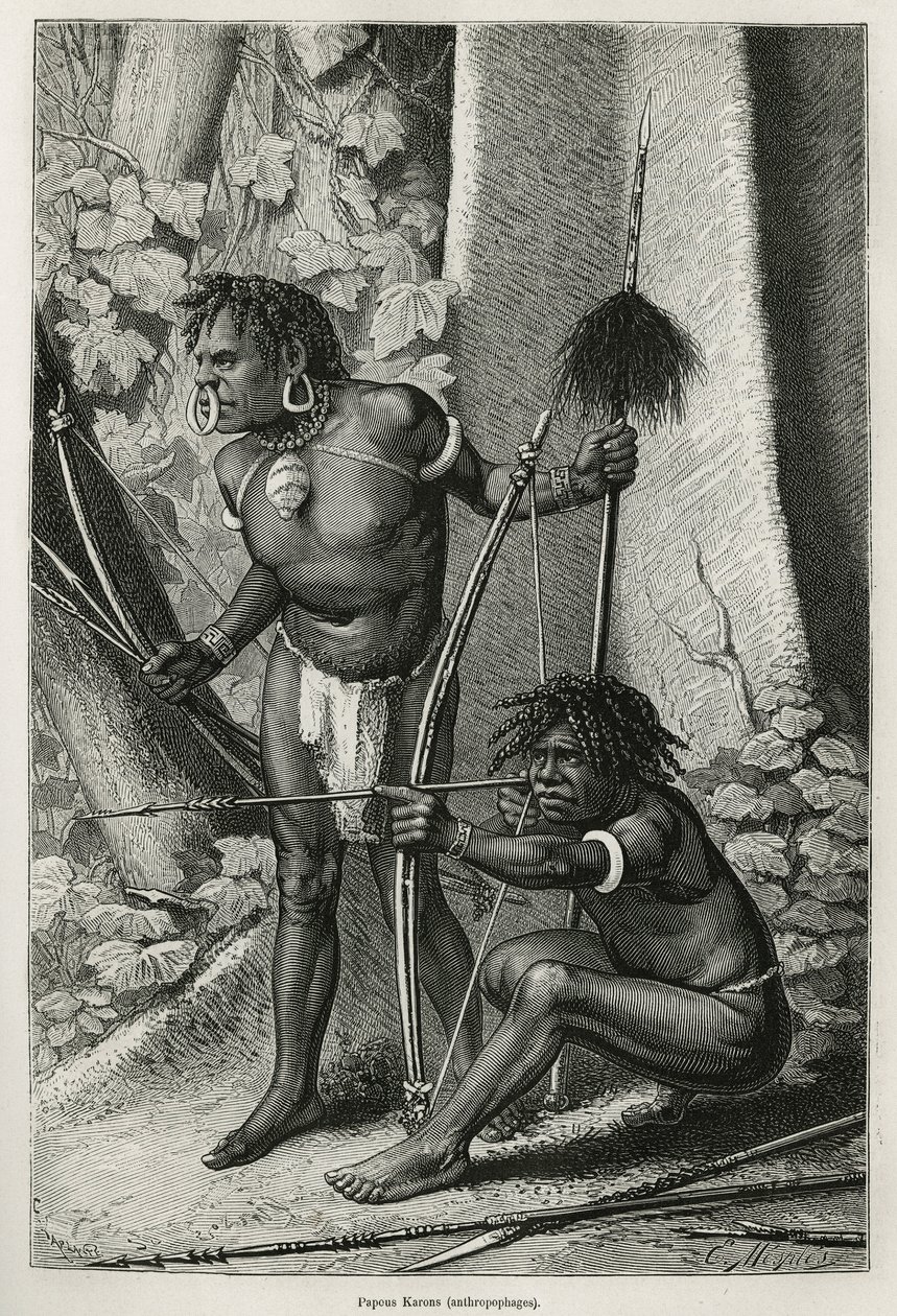 Retratos de dois papas Karons, antropófagos, gravados por E.Mesples, para ilustrar a viagem à Nova Guinee por Achille Raffray, encarregada de uma missão científica pelo Ministério da Educação Pública, em 1876-1877, publicada no tour du monde, sob de Paul Eugene (after) Mesples