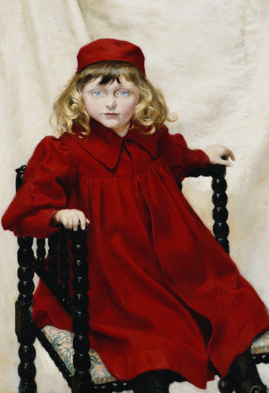 Retrato de Harriet Fischer, pequeno comprimento de três quartos, vestindo um vestido vermelho, 1896 de Paul Fischer