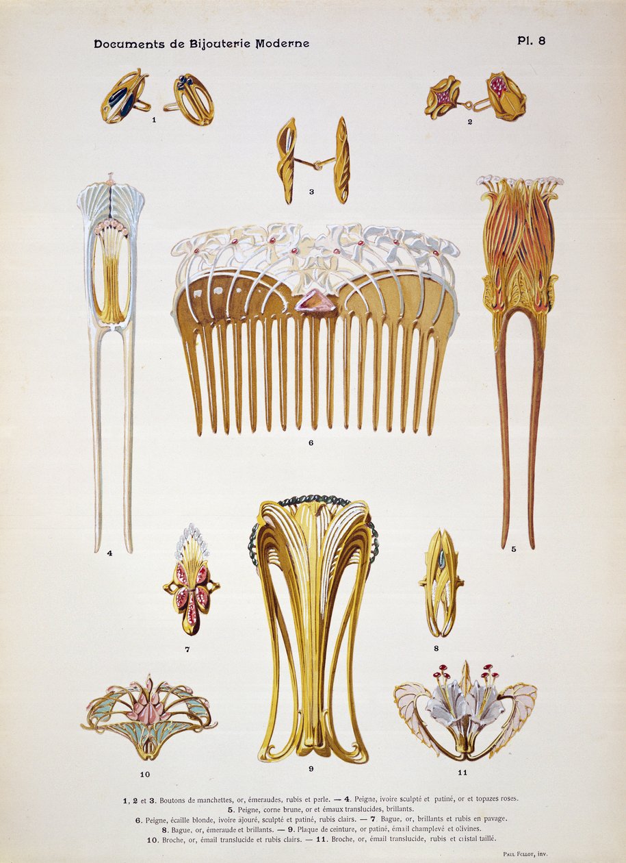 Desenhos de joalharia, placa 8 de "Documentos de Bijutaria e Orfeverie modernes", publicado por Henri Laurens, Paris, c.1900 (tinted chromolitho) de Paul Follet