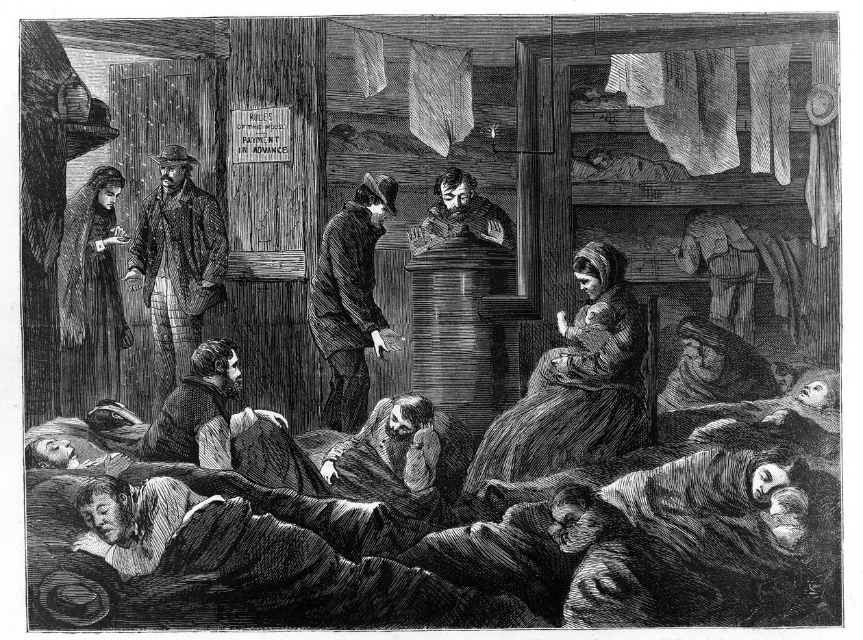 Alojamentos Subterrâneos para os Pobres, Greenwich Street, Nova Iorque, da Harpers Weekly, pub. 1869 de Paul Frenzeny