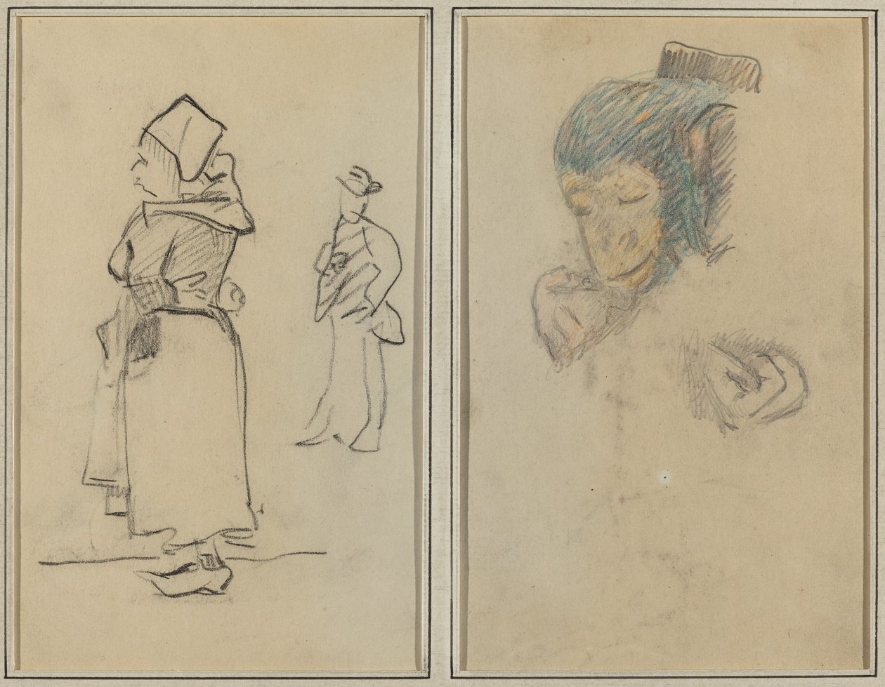 Uma mulher bretã e um homem de pé; Cabeça e mão de um macaco [reto] de Paul Gauguin