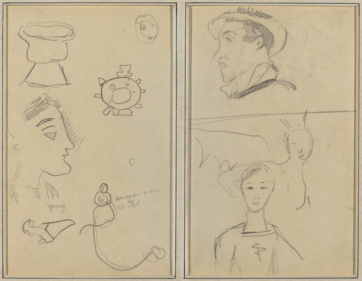 Uma caricatura e cinco formas; Um homem de perfil, uma criatura alada e um menino [verso] de Paul Gauguin