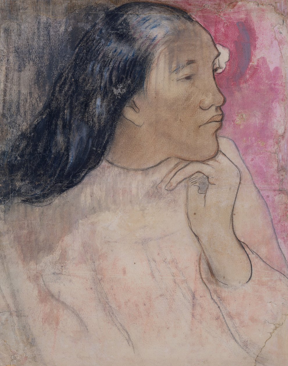 Uma mulher taitiana com uma flor no cabelo, 1891-92 (carvão, pastel e lavar) de Paul Gauguin