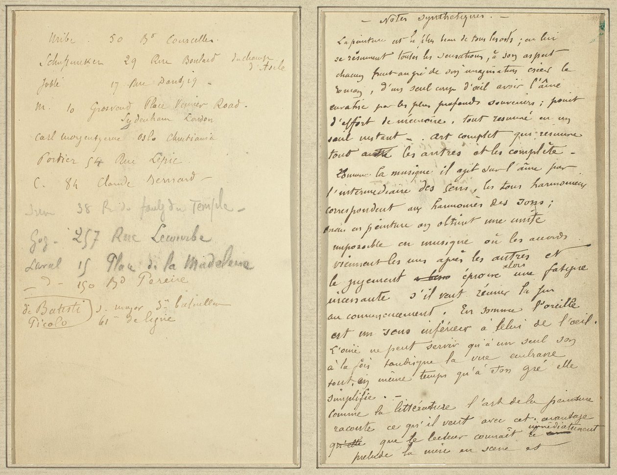 Lista de Endereços; Página do manuscrito [reto] de Paul Gauguin
