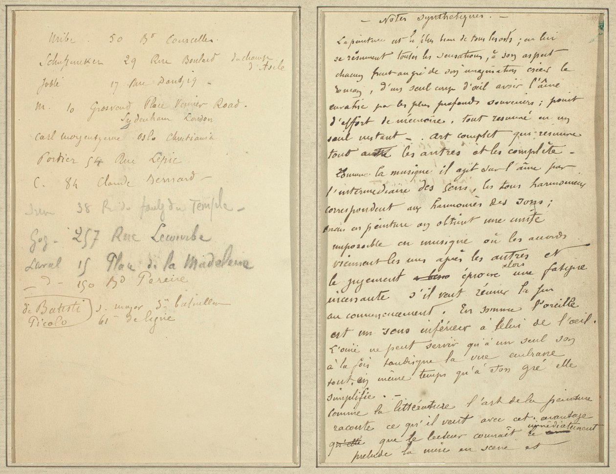 Lista de endereços; página do manuscrito [reto] de Paul Gauguin