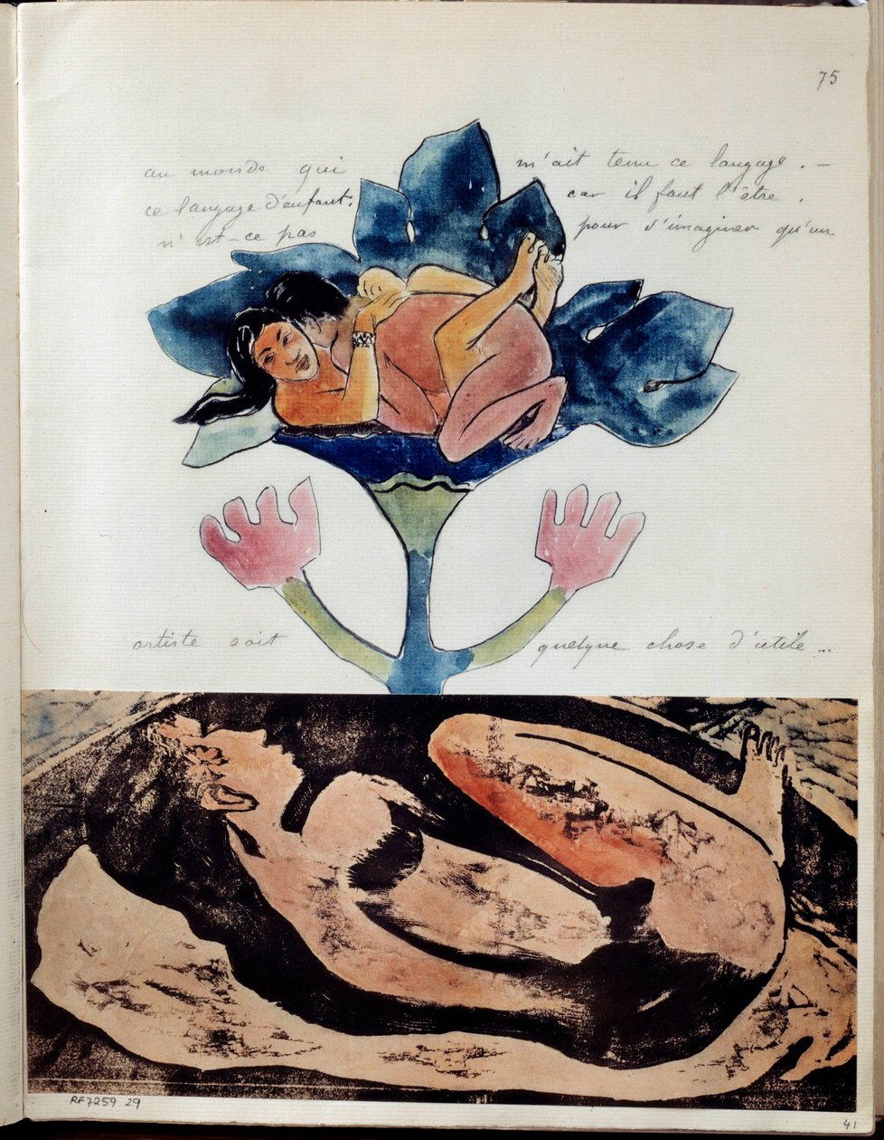 Álbum Noa (ou Noa Noa Noa) do pintor Paul Gauguin (1848-1903): fólio 75. No desenho de cima, aguarela, caneta e tinta representando um casal durante a relação sexual e na gravura de baixo com os destaques de aguarela de uma mulher adormecida. Cerca de 1893 de Paul Gauguin