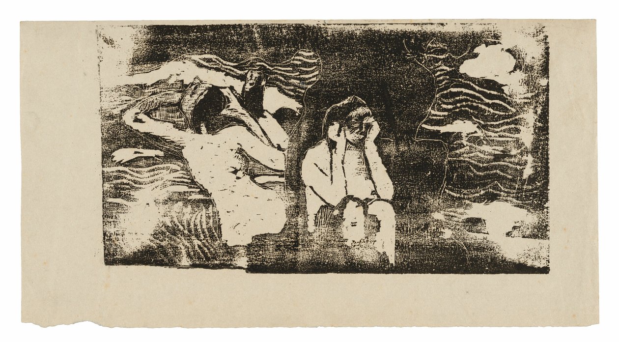 Nas rochas negras, do conjunto de gravuras tardias em bloco de madeira de Paul Gauguin