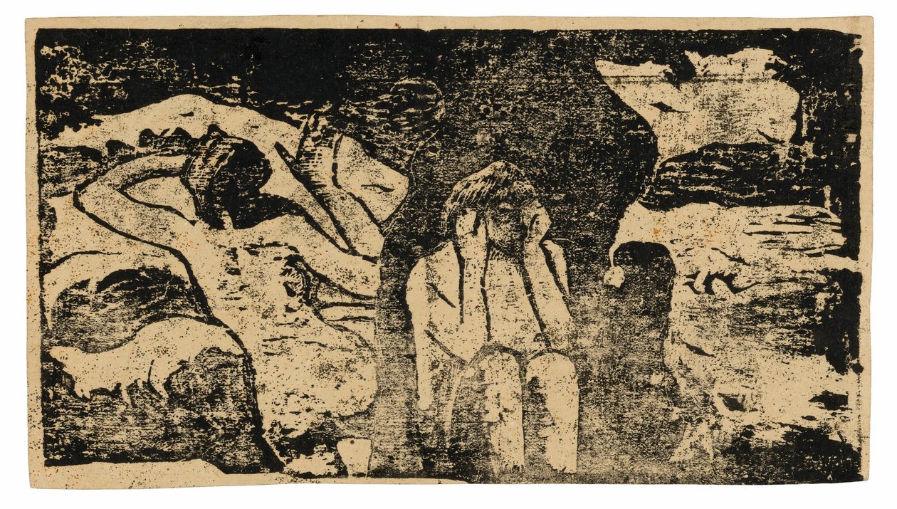 Nas rochas negras, do conjunto de gravuras tardias em bloco de madeira de Paul Gauguin