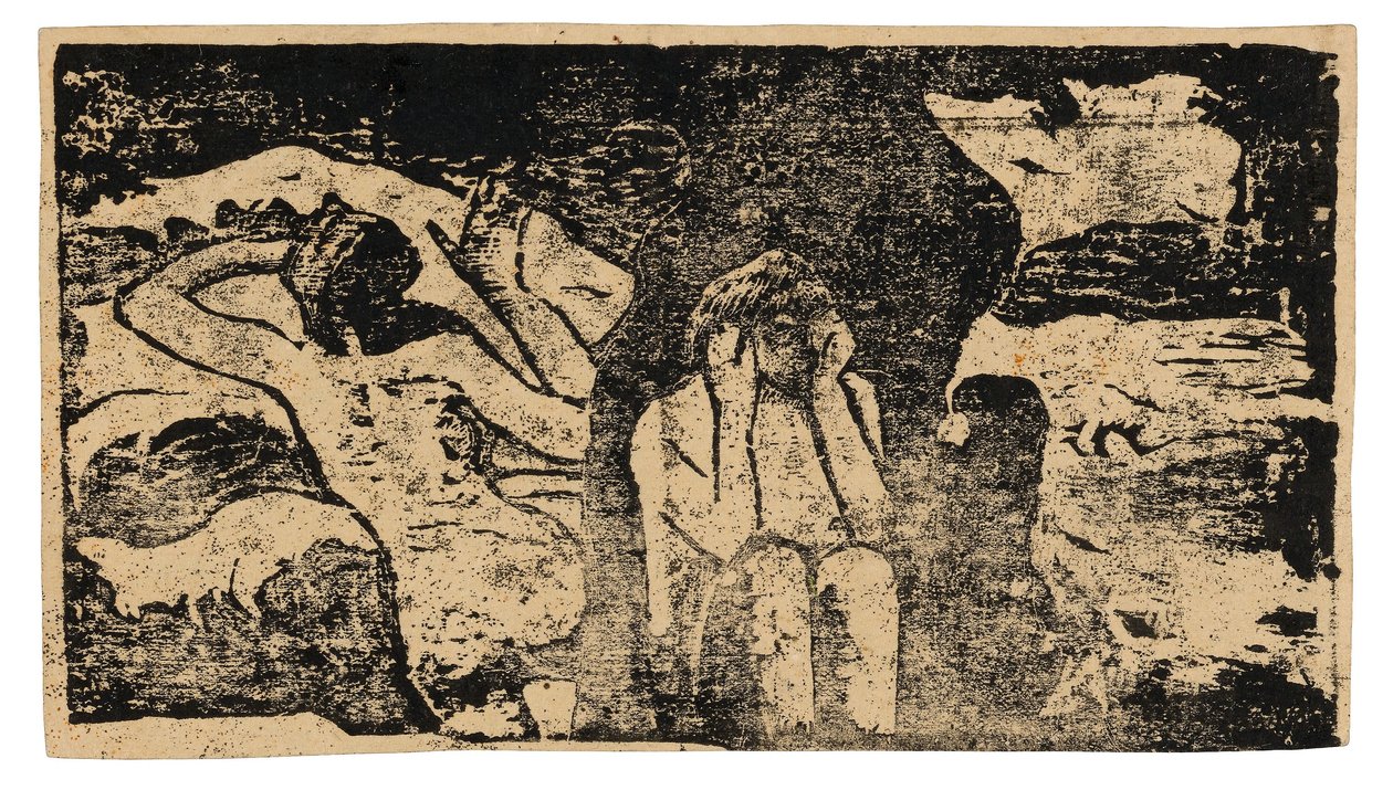 Nas rochas negras, da série de gravuras tardias em xilogravura de Paul Gauguin