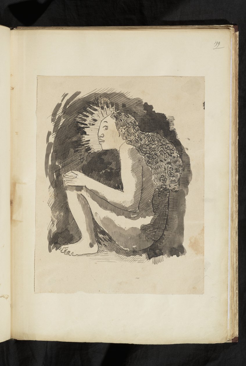 Avant et après - desenho de uma mulher nativa nua sentada, de perfil, com os joelhos desenhados de Paul Gauguin