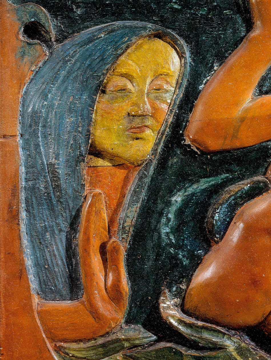 Ser misterioso (detalhe) 1890 (talha em madeira policromada) de Paul Gauguin