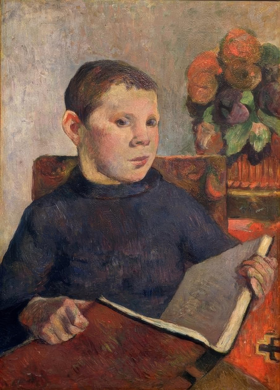 Retrato do filho Clovis com um livro de Paul Gauguin
