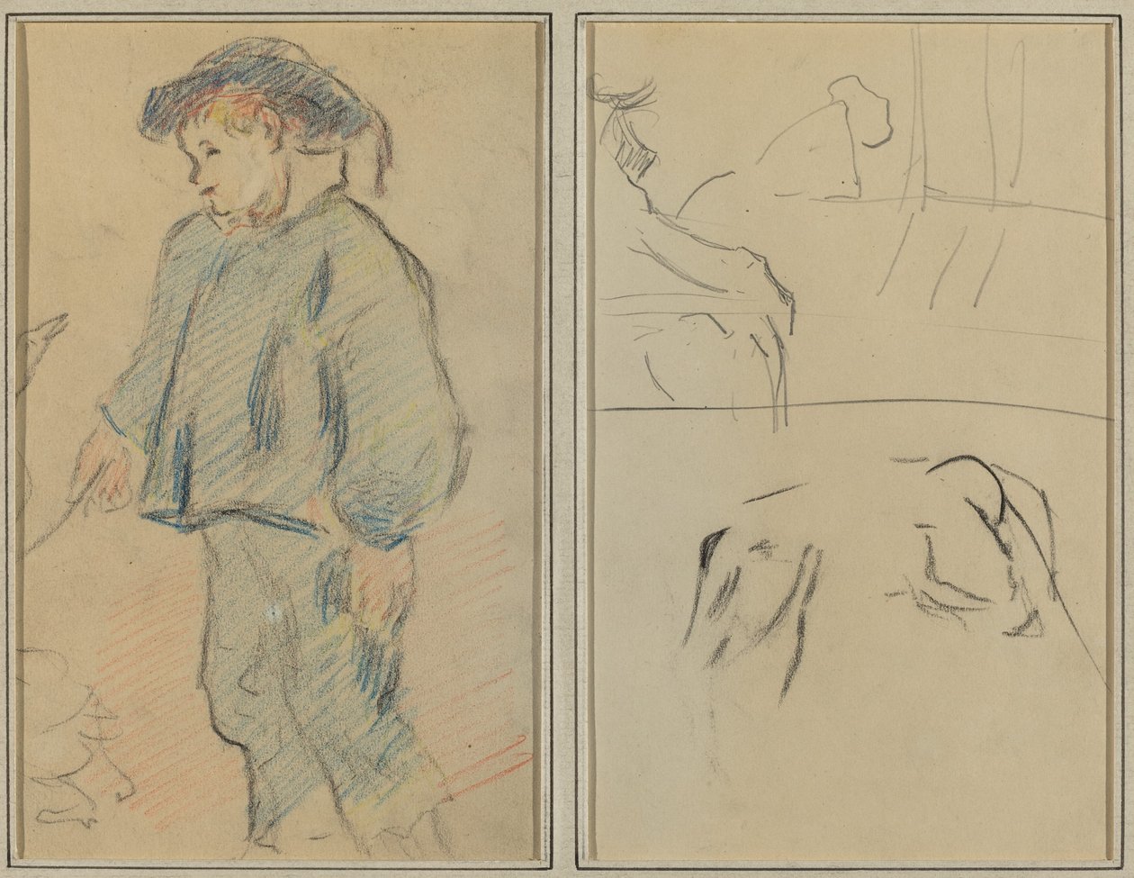 Menino Bretão Cuidando de Gansos; Vacas e uma figura apoiada em uma borda [verso] de Paul Gauguin