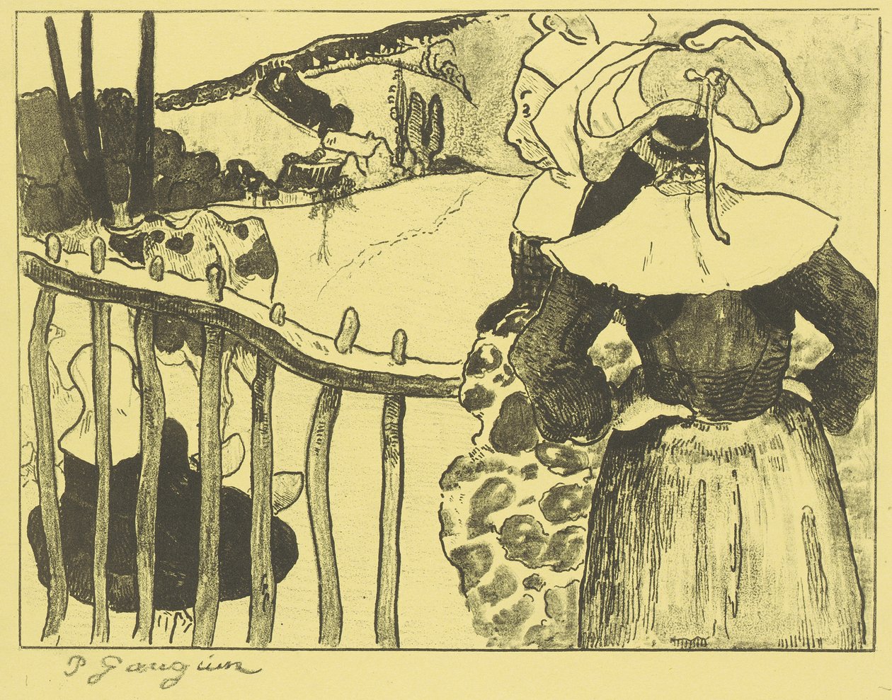 Bretonische Frauen neben einem Zaun de Paul Gauguin