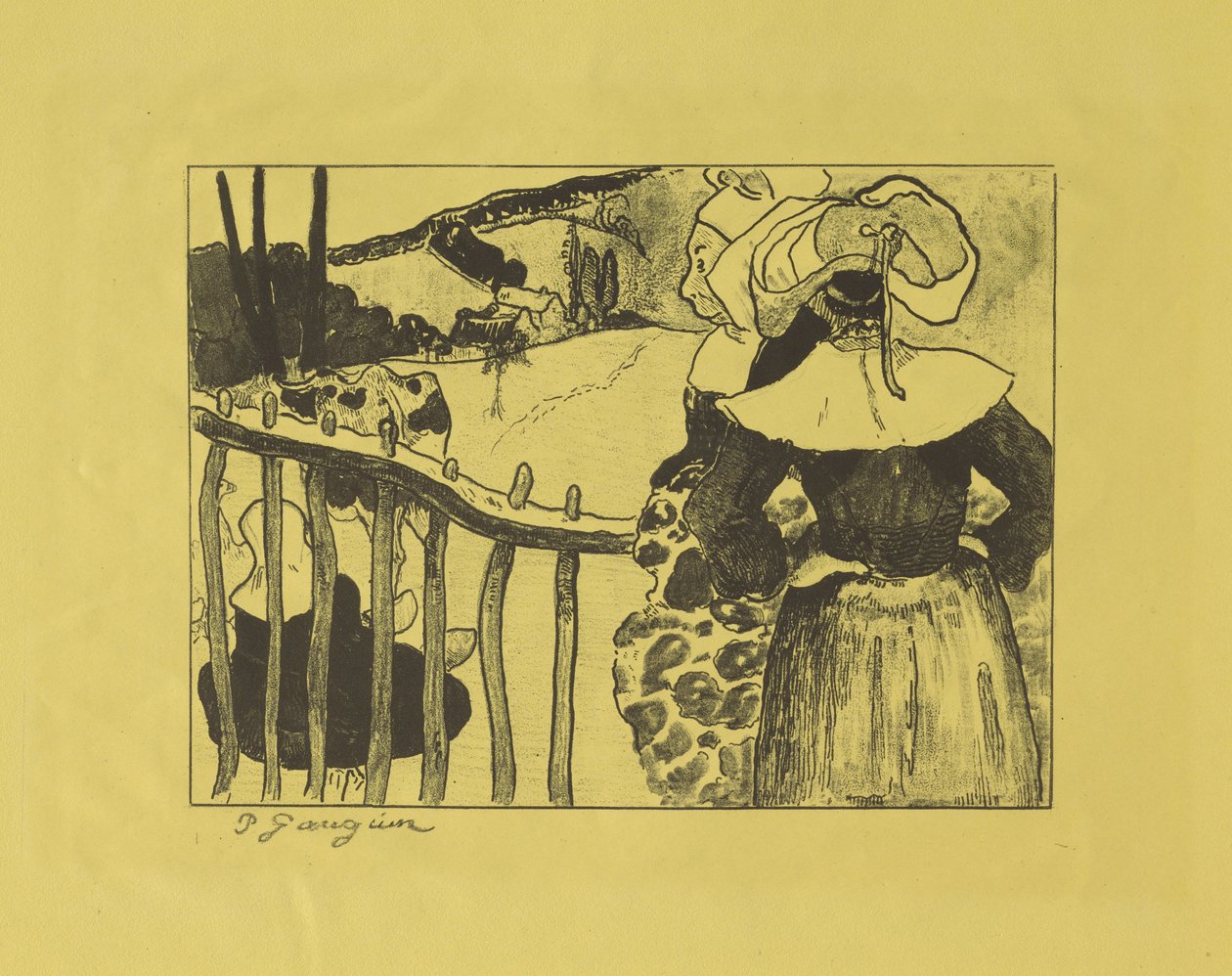 Mulheres bretãs em pé perto de uma cerca, 1889 de Paul Gauguin