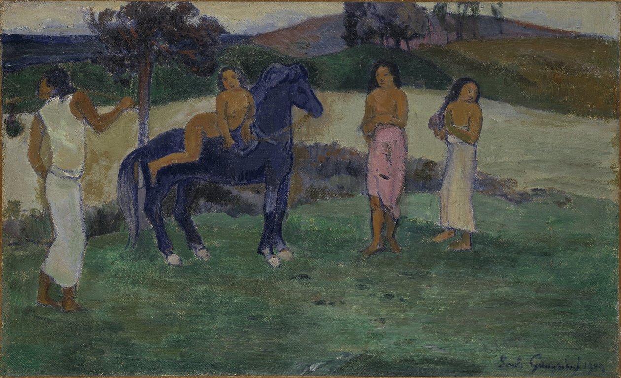 Composição avec figures et un cheval - Composição com figuras e um cavalo, de Gauguin, Paul Eugene Henri (1848-1903). Óleo sobre tela de Paul Gauguin
