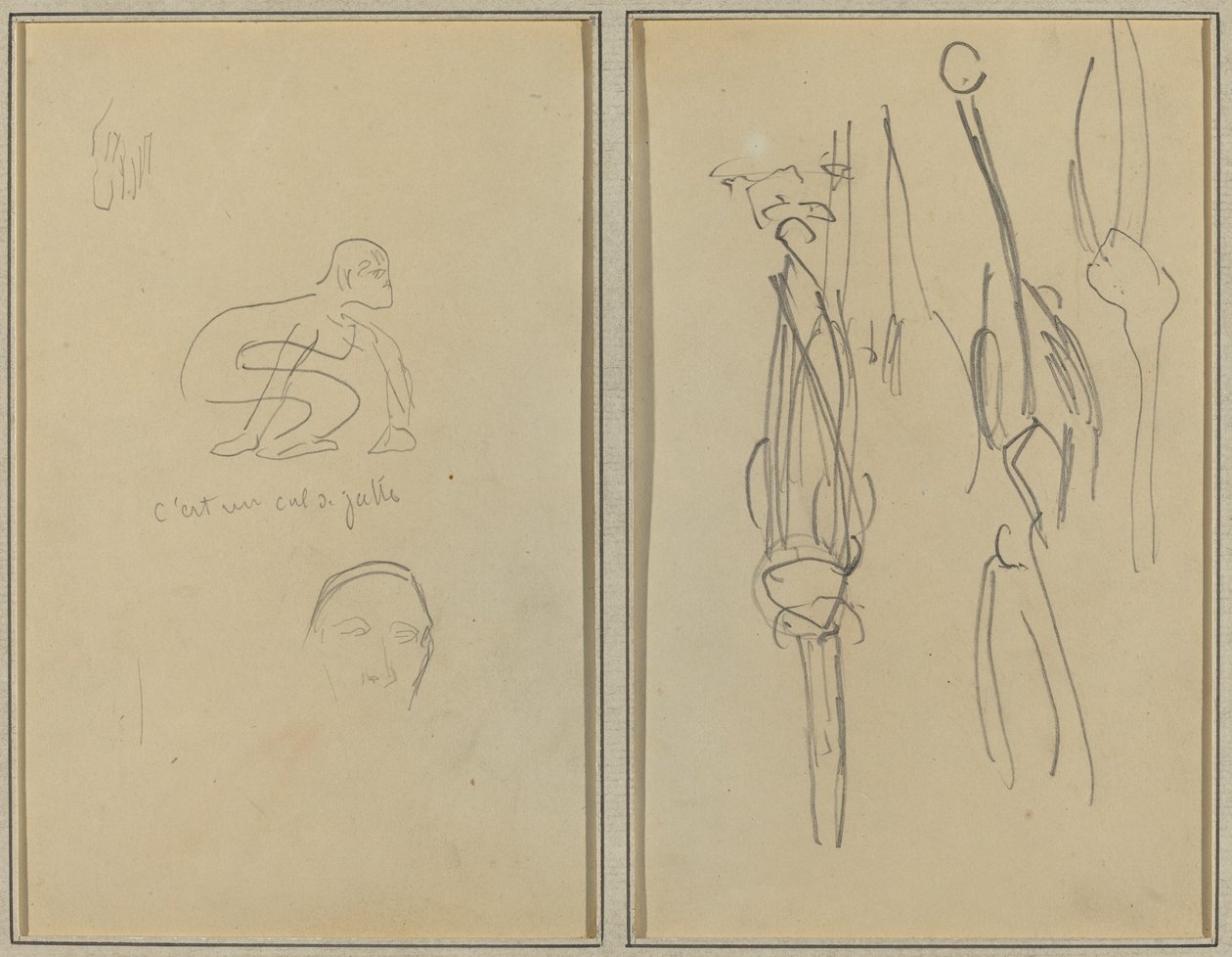 Macaco agachado e cabeça de homem; Ossos e Músculos [verso] de Paul Gauguin