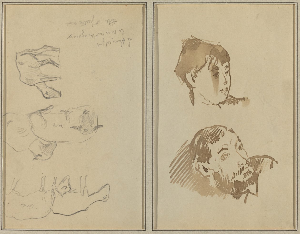 Cinco Ovelhas; Cabeça de mulher e cabeça de homem barbudo [reto] de Paul Gauguin