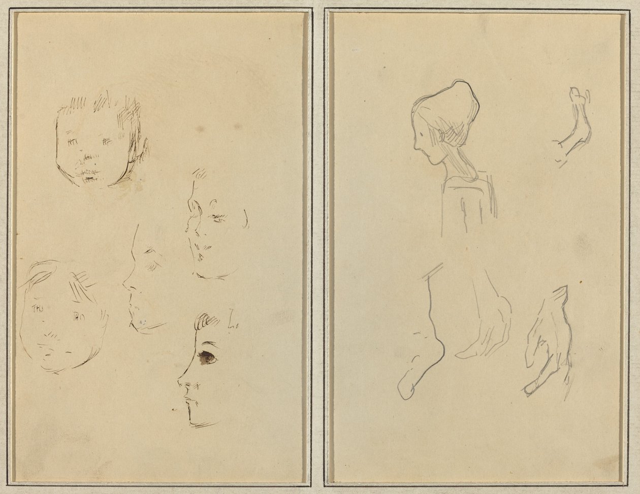 Cinco Estudos de Chefes; Um menino de perfil com estudos de mãos e pés [verso] de Paul Gauguin