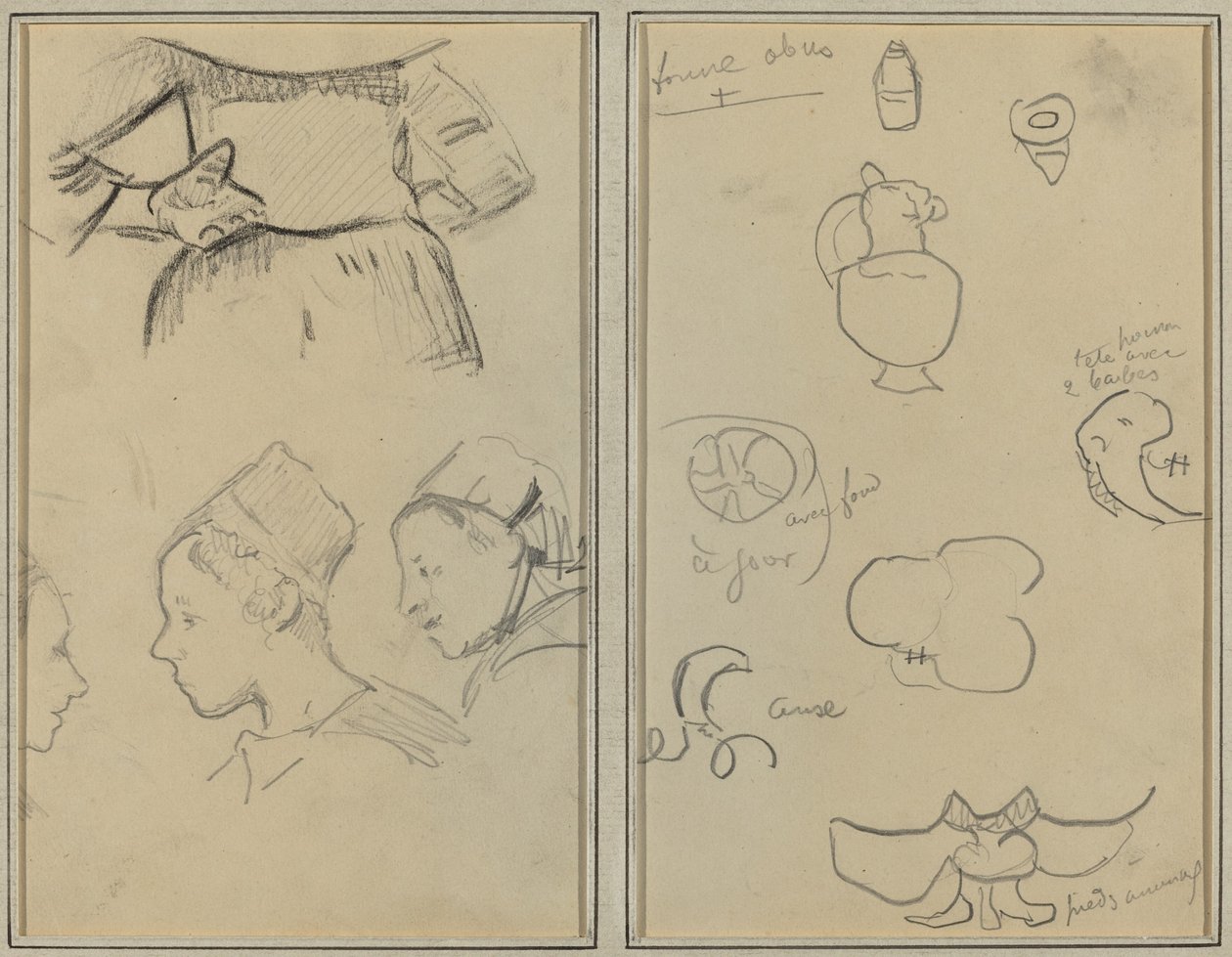 Quatro estudos de mulheres bretãs; Formas e Vasos [verso] de Paul Gauguin