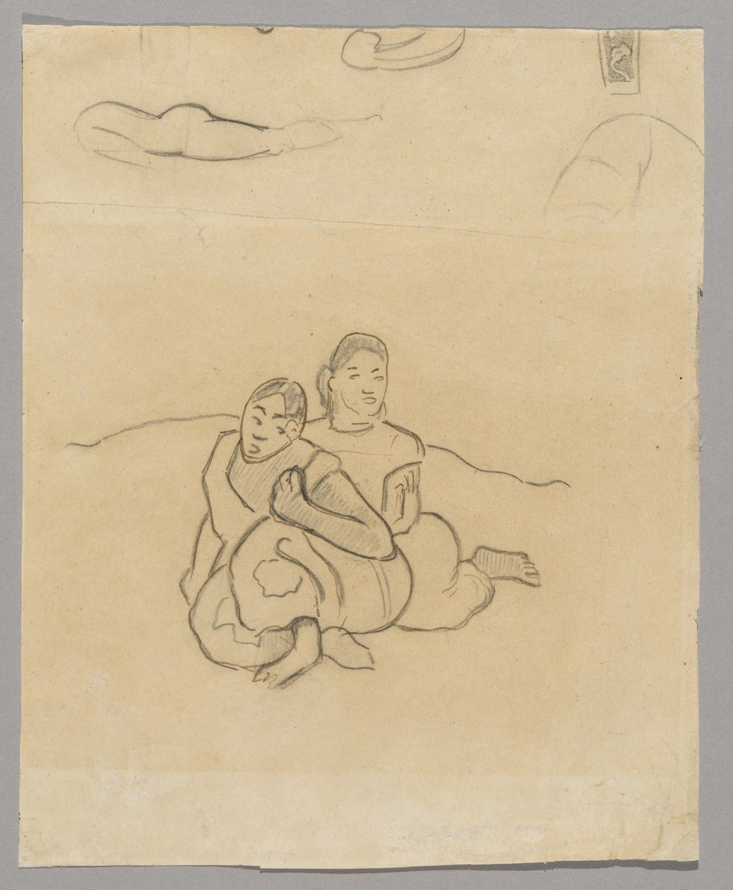 Fragmentos de corpos, um desenho decorativo e duas mulheres taitianas agachadas em uma paisagem relacionada a Nafea Faaipoipo de Paul Gauguin