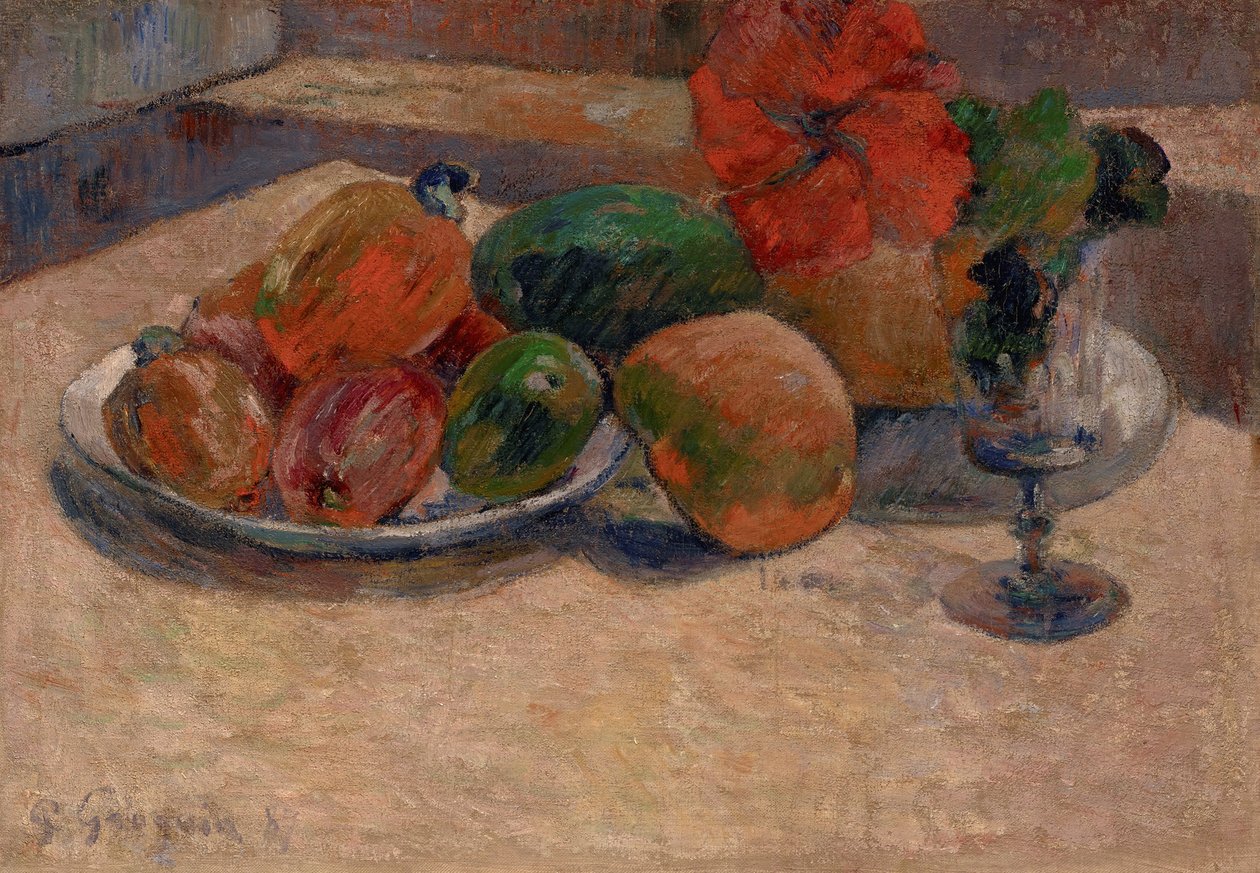 Francês:  Nature morte aux mangos et à la fleur d