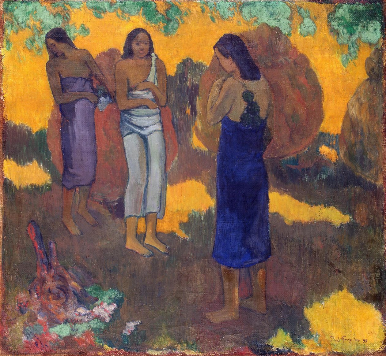 Francês:  Trois Tahitiennes sur fond jaune Três mulheres taitianas sobre um fundo amarelo de Paul Gauguin
