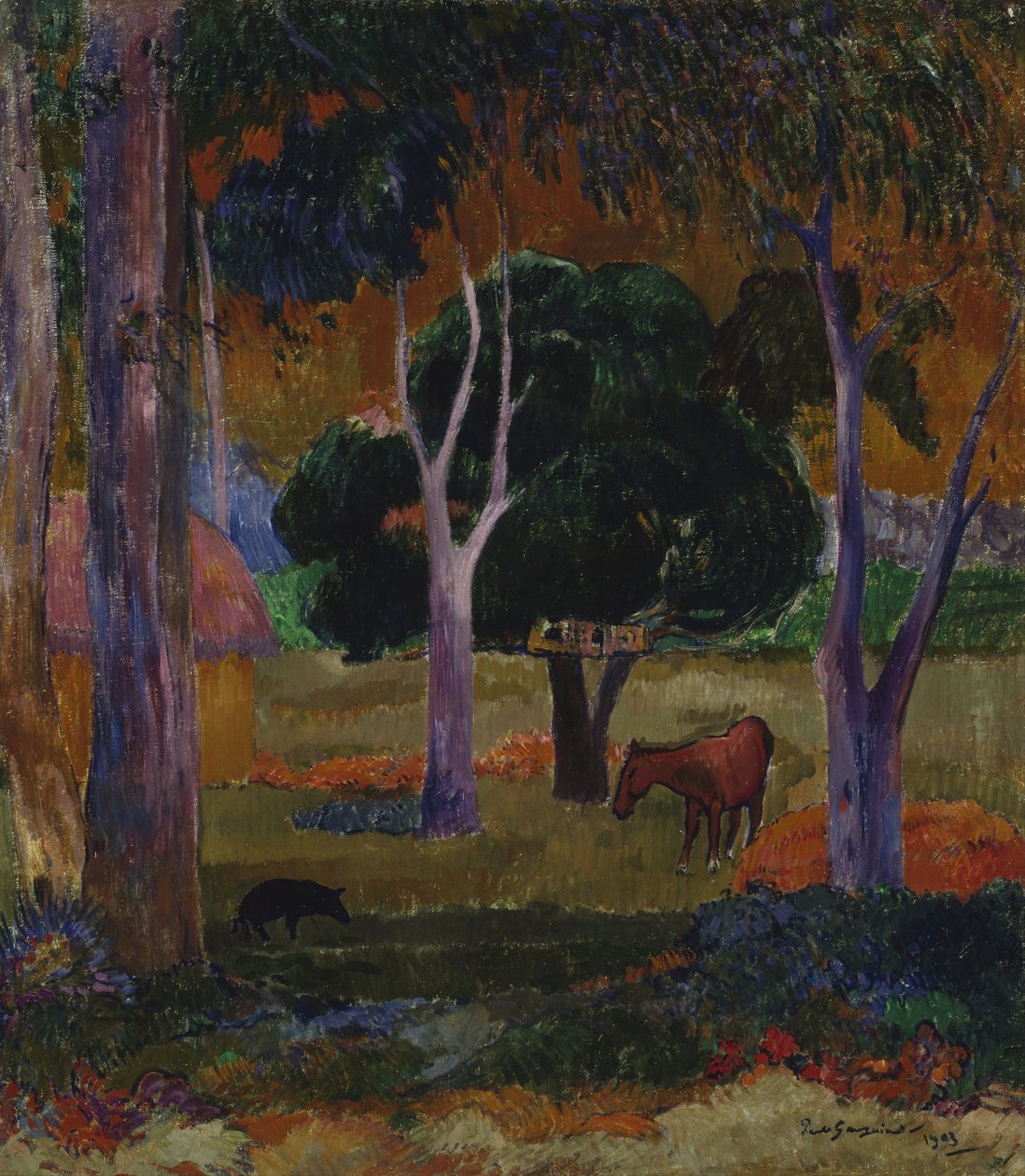 Hiva Oa Paisagem com um porco e um cavalo de Paul Gauguin