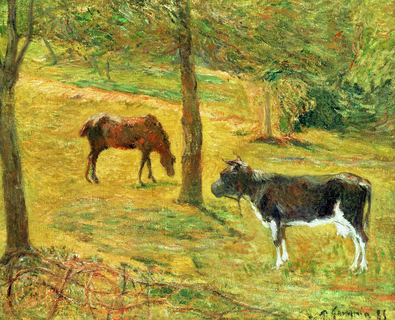 Cavalo e vaca em um prado, 1885 de Paul Gauguin