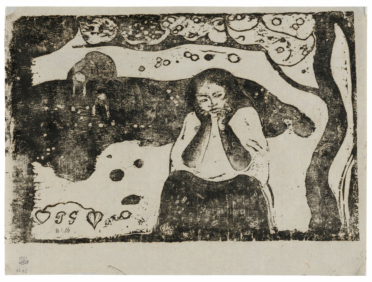 Misérias humanas, da série de gravuras tardias em bloco de madeira de Paul Gauguin
