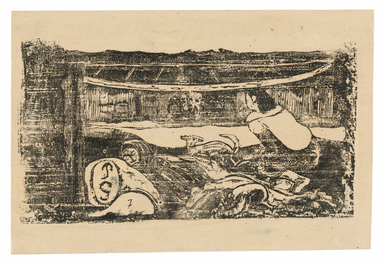 Interior de uma cabana taitiana, da suíte de gravuras tardias em blocos de madeira de Paul Gauguin