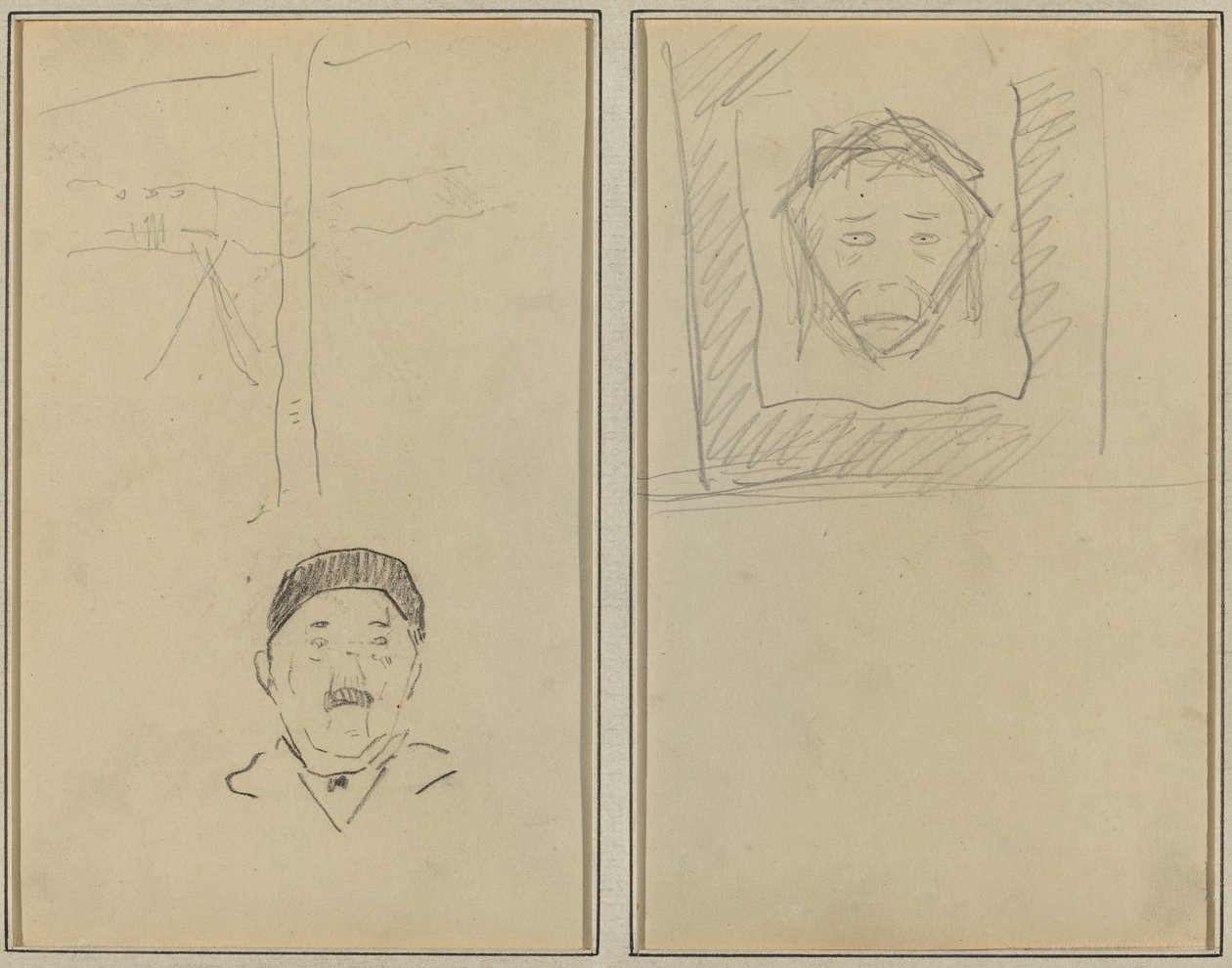 Paisagem e Cabeça do Homem; Cabeça de macaco dentro de um quadrado [reto] de Paul Gauguin