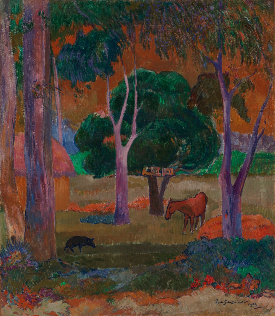 Paisagem com um porco e um cavalo (Hiva Oa) de Paul Gauguin