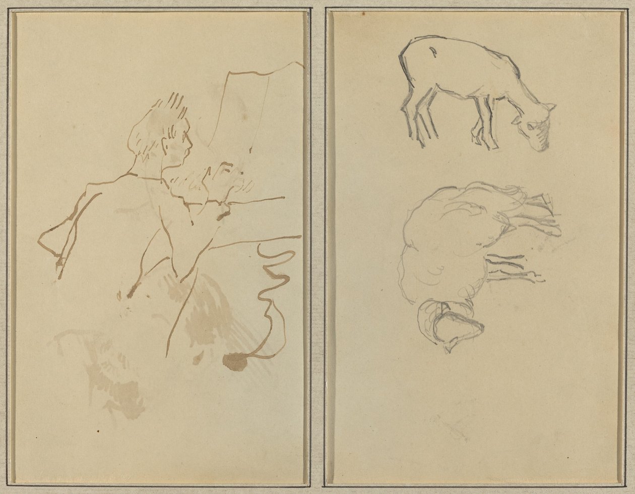Homem Tocando Piano; Duas ovelhas [verso] de Paul Gauguin