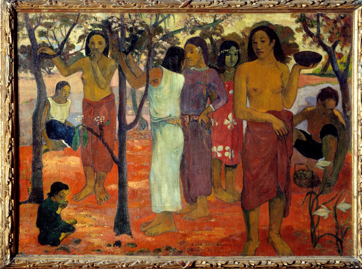 Nave nave mahana (Dias Deliciosos). Mulheres taitianas em um jardim. Pintura de Paul Gauguin (1848-1903) 1896 Sol. 0,94 x 1,3 m Lyon, musee des Beaux Arts - Nave Nave Mahana também conhecida como "Dia Delicioso". Um grupo de mulheres taitianas em um jardim de Paul Gauguin