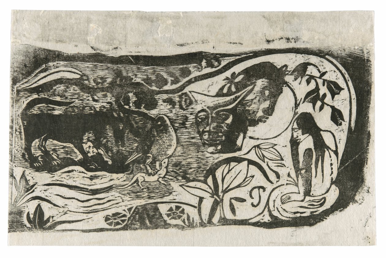 Placa com a cabeça de um diabo com chifres, da suíte de gravuras tardias em bloco de madeira de Paul Gauguin