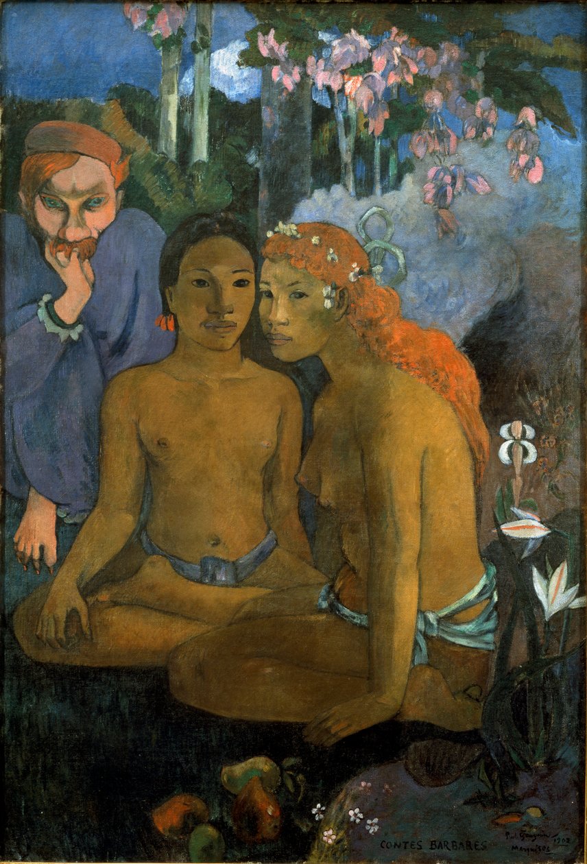 Contos primitivos. Jovens taitianos e o poeta francês de origem holandesa Jacob Meyer de Haan (Meijer de Hann) (1852-1895). Pintura de Paul Gauguin (1848-1903) de Paul Gauguin