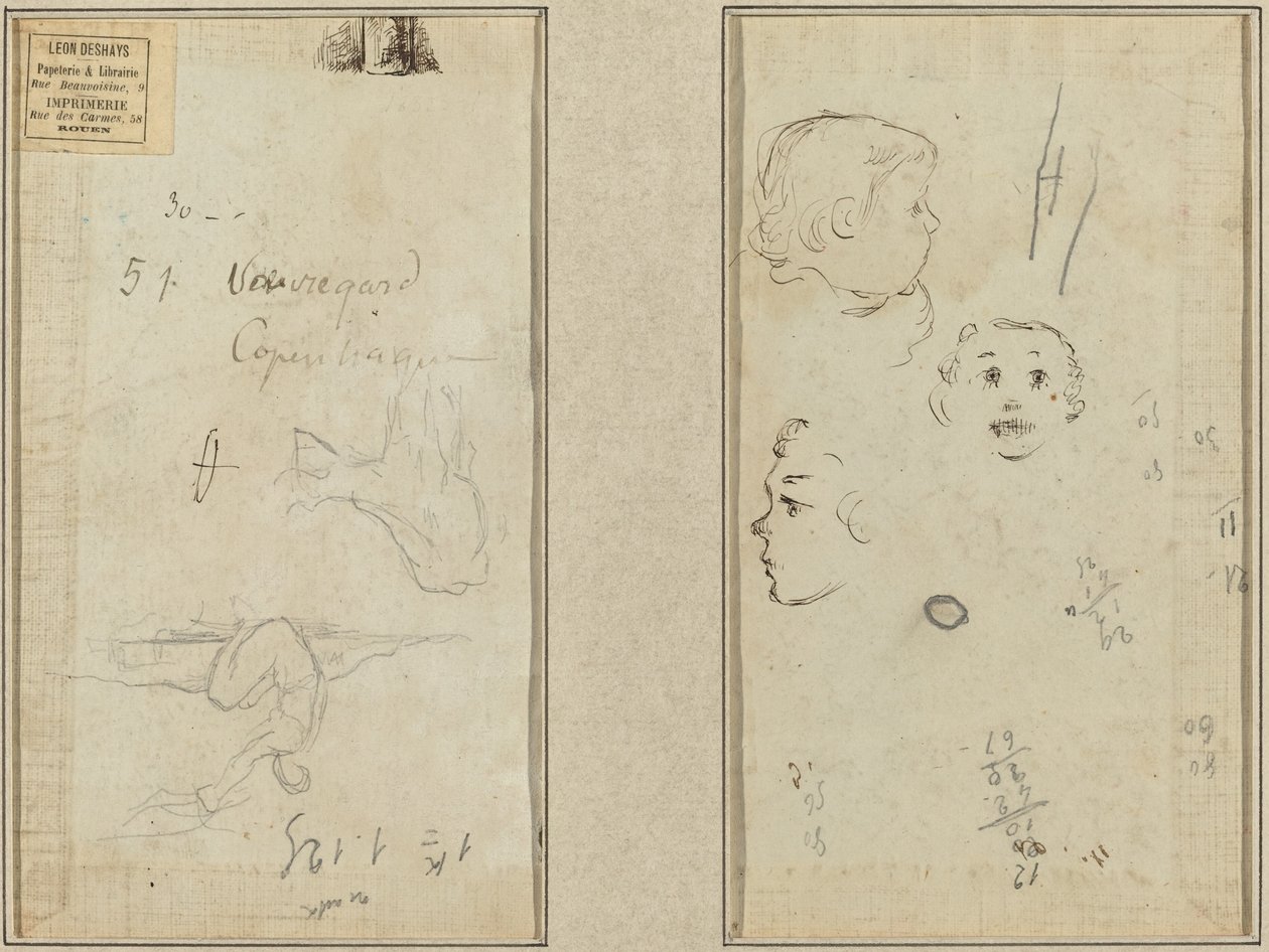 Figura sentada e uma vaca; Três estudos da cabeça de uma criança de Paul Gauguin