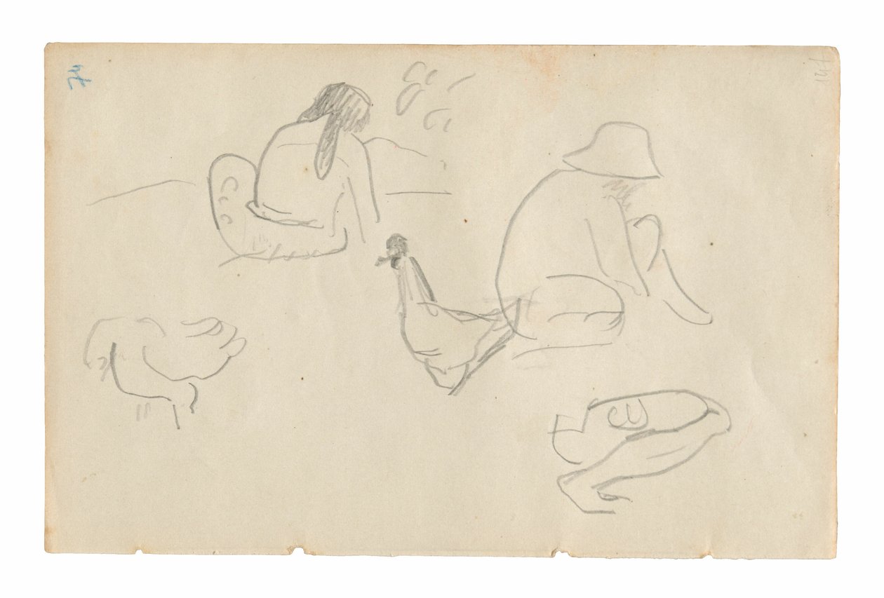 Esboços de Figuras Sentadas e Galinhas (reto), Torso Feminino Nu (relacionado à pintura Te a no areois [A Semente do Areoi]) (verso), do Carnet de Tahiti (caderno de desenho taitiano) de Paul Gauguin