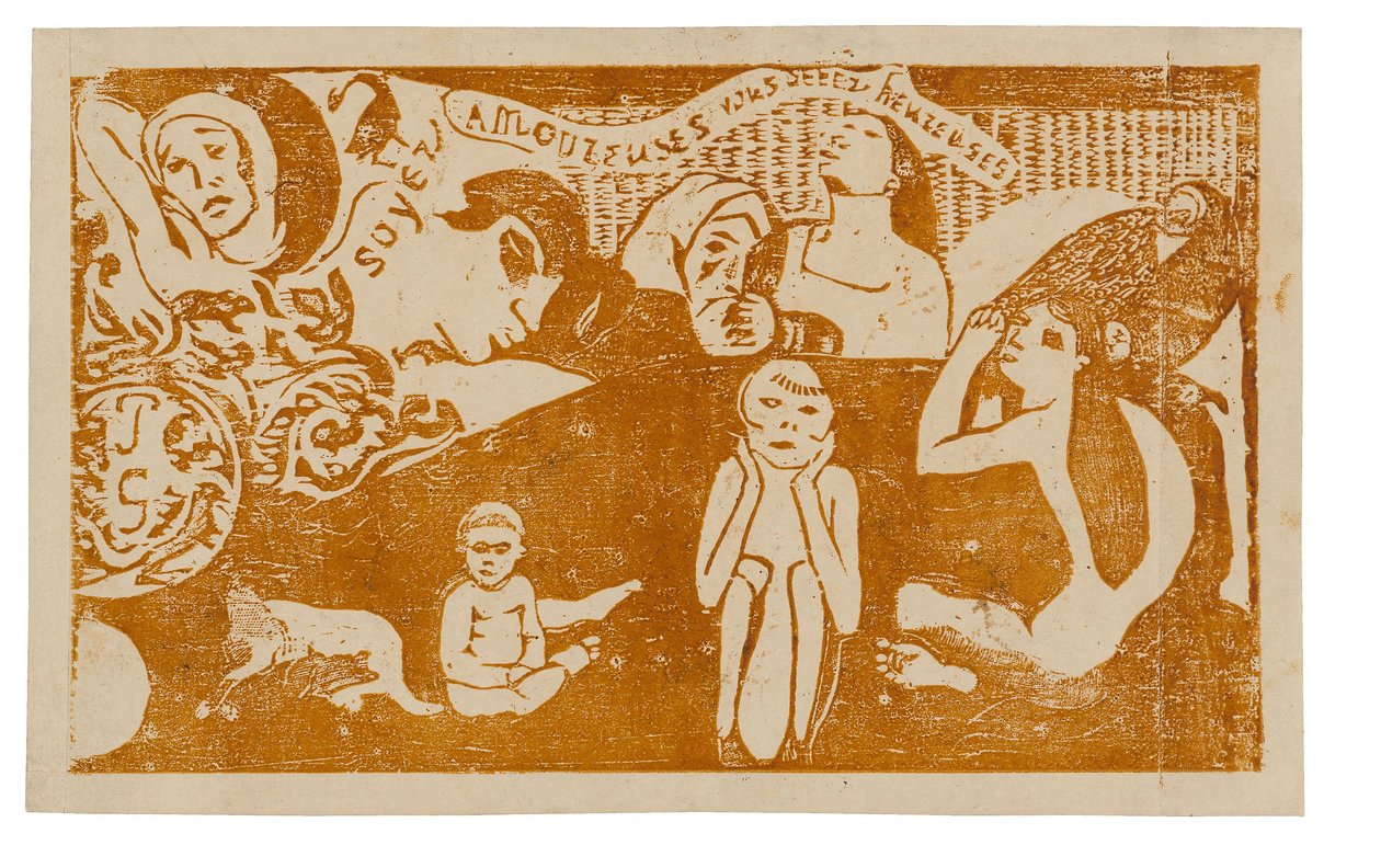 Soyez amoureuses, vous serez heureuses (Amarás e serás feliz), do Conjunto de gravuras tardias em bloco de madeira de Paul Gauguin