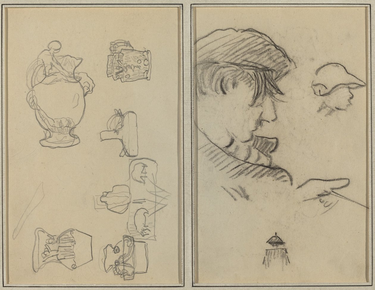 Estudos de jarros e vasos; Um homem de bigode e um menino de chapéu [reto] de Paul Gauguin
