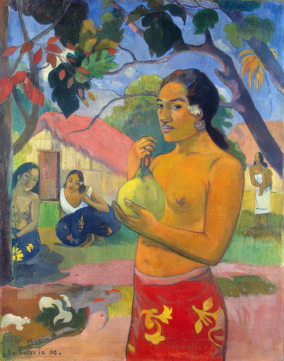 Taiti: Mulher segurando uma fruta (para onde você vai), Paul Gauguin (1893) de Paul Gauguin