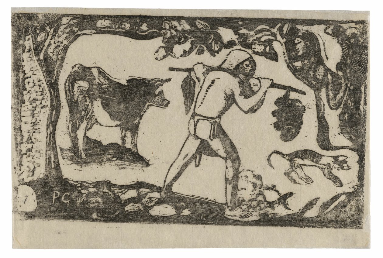 Tahitian carregando bananas, da suíte de gravuras tardias em bloco de madeira de Paul Gauguin