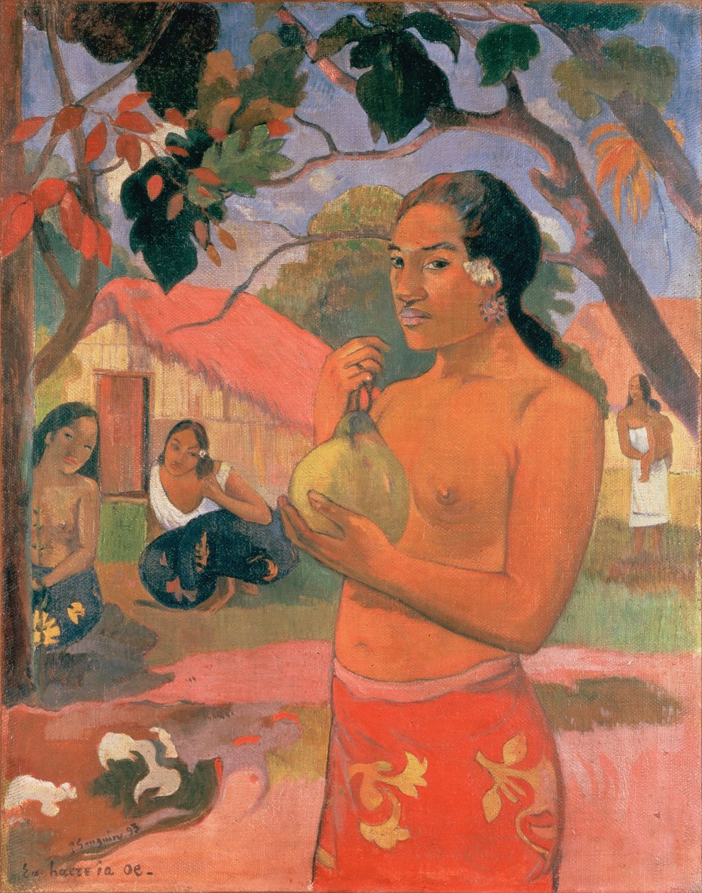 Tahitiano:  Ea haere ia oe (A haere ia oe) Where Are You Going (Onde vais), ou Woman Holding a Fruit (Mulher segurando uma fruta) de Paul Gauguin