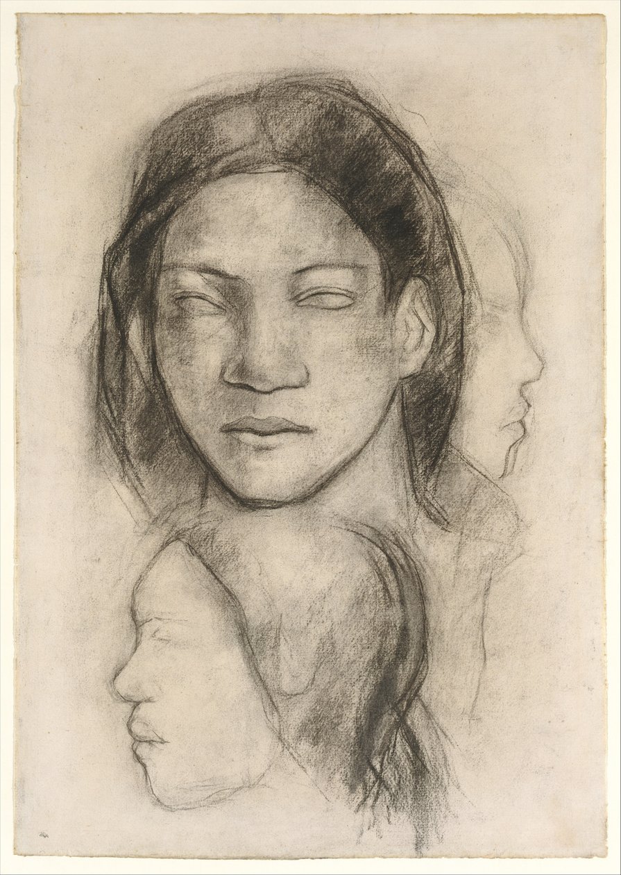 Rostos tahitianos (vista frontal e perfis) de Paul Gauguin