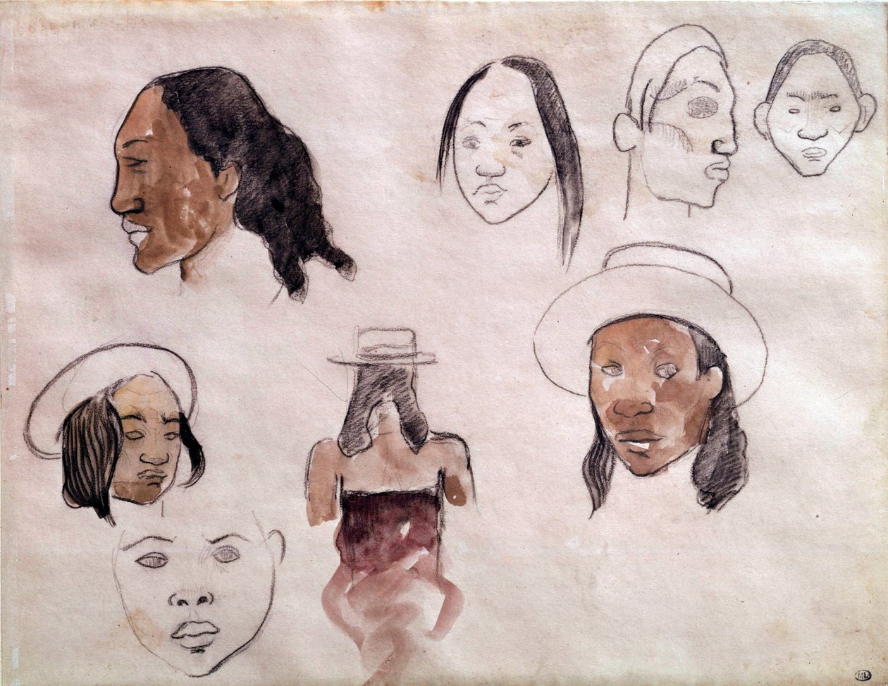 Cabeças taitianas. Aquarela de Paul Gauguin (1848-1903) de Paul Gauguin